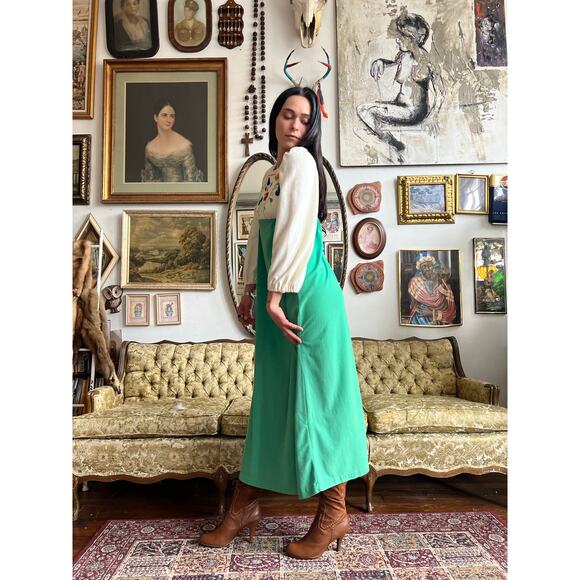 70s Embroidered Beige and Green Maxi Dress Size Small by Raymodes NY - Picture 5 of 11